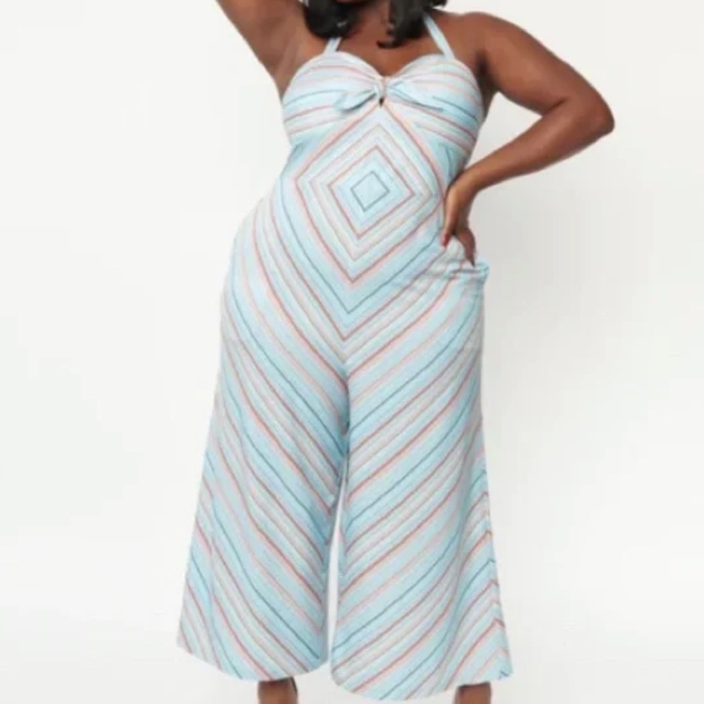 Unique Vintage Blue Striped Halter Jumpsuit